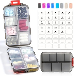 14 GRIDS Travel Pill Organizer Box med etiketter - Travel Medicine Case Kit - Pocket Daily Pharmacy Container - Travel Medication Holder Dispenser för Fish Oil Vitamin Supplement Storage - Clear Gray