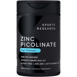 Sports Research High Potency Zink Picolinate 30mg med organisk kokosolja | Högt absorberbart zinktillskott för hälsosam immun & enzymfunktion - Icke-GMO Testad & Glutenfri (180 flytande Softgels)