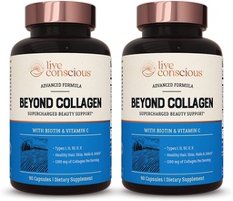 Live Conscious Beyond Collagen Multi Collagen Capsules - Typer I, II, III, V & X | Hydrolyserad Blend med Biotin & Vitamin C för hår, hud, Nails 90 Capsules (2-Pack)