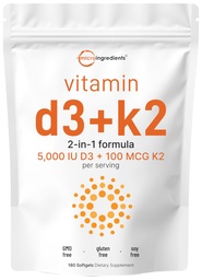 Micro Ingredients Vitamin D3 5 000 IE + K2 MK-7 100 mcg, 180 Softgels | 2-i-1 Formel | Lätt att svälja, icke-GMO