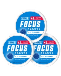 GRINDS Focus Pouches - Naturligt smaksatt med Nootropic Ingredients - Innehåller Alpha GPC och L-Theanin, Sugar-Free - 3 Pack, 18 Pouches Per Can - Blå Raspberry