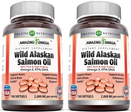 Fantastisk Omega Wild Alaskan Salmon Oil 2000mg Per Serving Softgels Supplement (180 | 2 Pack)