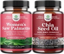 Bundle of Extra Strength Saw Palmetto för kvinnor och Chia Seed Oil Extract kapslar - Starkare tjockare snabbare hårväxt vitaminer - Plant Based Omega 3 6 9 Supplement och Daily Fiber kapslar
