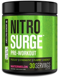 Jacked Factory NITROSURGE Pre Workout Supplement - Endless Energy, Instant Strength Gains, Clear Focus and Intense Pumps - NO Booster & Powerful Preworkout Energy Powder - 30 Servings, Watermelon