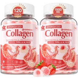 2Pack Sugar-Free Hydrolyzed Collagen Peptide Fylld Gummies för kvinnor och män, med 1500mg Protein Typ I,II,II,V, X, 5000mcg Biotin Vitamin C A E D3 B6 B12 för Immun Digestion Skin Hair Nails, Bone