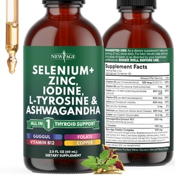 Thyroid Support Drops - Selenium, Zink, Iodine, L Tyrosine, Ashwagandha, Turmeric, Schisandra Guggu, Cayenne, Basil - Liquid Supplement Folate Copper Alcohol -Free, Vegan, Non-GMO - 2 oz