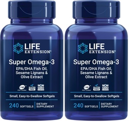 Life Extension Super Omega-3 EPA / DHA Fish Oil, Sesam Lignans & Olivextrakt - Hjärta, Hjärna, Inflammation Health Support, Gluten-Free, Lätt att Svälja, Non-GMO, 240 Softgels (Pack of 2)