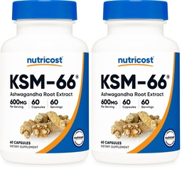Nutricost KSM-66 Ashwagandha Root Extract 600mg, 60 Veggie Caps - 5% Withanolides - with BioPerine - Full-Spectrum Root Extract (Pack of 2)