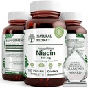 Natural Nutra Time-Release Slow Niacin 500mg (Vitamin B3), Support Energy Production, Promotes Cardiovascular Health, Promotes Skin Health and perceptual Function, 100 Vegan and Vegetarian Tablets