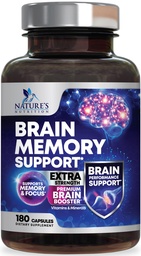 Brain Memory Supplement Pills - 3X Strength Nootropics for Concentration, Clarity & Focus Support - Brain Health Cognitive Vitamins med Bacopa, Phosphatidylserine & DMAE, Brain Booster - 180 Capsules