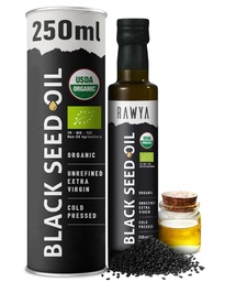 RAWYA Black Seed Oil - USDA Organic Certified - Cold Pressed - 8.4 Fl oz - Extra Virgin - Turkisk Black Cumin Seed - Premium Nigella Sativa med Thymoquinone - Kalonji - Non-GMO, Gluten-Free - Nutritional Supplements - Extra Strong Taste