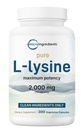 Ren L-Lysin 2,000mg, 300 Veggie kapslar | Maximal styrka, lätt Absorberad, fri form | Essential Aminosyra för Collagen, Lip, & Immune Support | Ren Ingredienser Utan Fillers