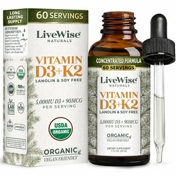Live Wise Naturals Vegan D3 K2 Vitamin 5000 IE, 90 MCG (MK-7) droppar - 60 portioner, Ultra koncentrerad formulering och snabb absorption - Precision Micro-Dosing Dropper för kognitiv och immunstöd