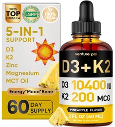 Venture Pal 5-i-1 Vitamin D3 10000 IE & K2 som MK-7 200mcg med Magnesium, MCT Oil, Zink, Sugar-Free Vitamin D Liquid | Maximal Absorption för ben, humör och immunhälsa - 2 FL OZ, 66 dagar