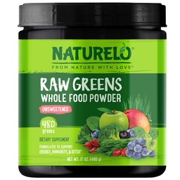 NATURELO Raw Greens Superfood Powder - Osweetened - Boost Energy, Detox, Enhance Health - Organic Spirulina - Wheat Grass - Whole Food Nutrition från frukt och grönsaker - 480 Grams