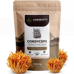 Longevity Botanicals Organic Cordyceps Mushroom Extract Powder 100g | Koncentrerad 10:1 Ratio | 100% Fruiting Bodies | Cordyceps Militaris Natural Supplement för energi, Stamina & Respiratory Support