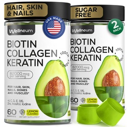 Biotin och Collagen Peptide Gummies for Hair Growth, Skin and Nails 120 Pcs (2 Pack) - 82000 Mcg - Biotin Chewables med Keratin Max Strength - Beauty Gummies for Women and Men - Sugar Free, Non-GMO