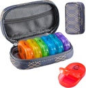 Serfeymi Weekly Travel Pill Organizer 2 Times A Day AM PM Upgraded Rainbow Pill Box 7 Day with Portable Zipper PU Leather Pill Case, Medicine Organizer for Pills, Vitamins, Fish Oils - Lines 01