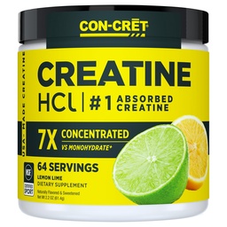 CON-CRET Creatine HCl Powder | Muskel, kognitiv, cellulär energistöd | Inget uppblåst eller kramper | USA Made & NSF Certified | Lemon Lime (64 Servering)