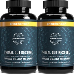 Primal Harvest 2 Pack, Restore for Gut Health, Primal Gut Restore w/POSTbiotics, PREbiotics and PRObiotics for Women and Men, 60 CT - Digestion, Colon Cleanse, hjälper Leaky Gut Repair
