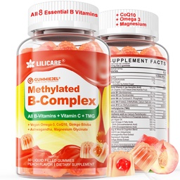 Super Methylated Vitamin B Complex Gummies - Alla B Vitaminer + Omega-3, Magnesium, CoQ10, Ashwagandha, Vitamin C, TMG- För Kvinnor Men-metyl B12 2000 mcg, Methylfolate, B1, B2, B3, B5, B6, B7- Sugar Free