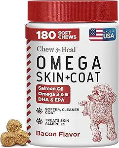 Omega för hundar - 180 läckra mjuka käkar - laxoljebehandlingar för hud och rock, Itch Relief - fiskolja blandning av väsentliga fettsyror, Omega 3, 6 och 9 och vitaminer - rökt bacon smak