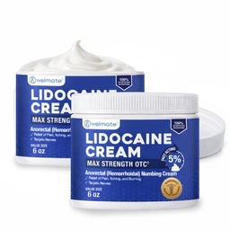 WELMATE 5% Lidocaine Numbing Cream Maximum Strength - Hemorrhoid Relief - 12 oz (Pack of 2-6 oz Each) - Numbing Cream for Anorectal Relief - Fast-Acting - Non-Greasy - Odorless - Child-Resistant