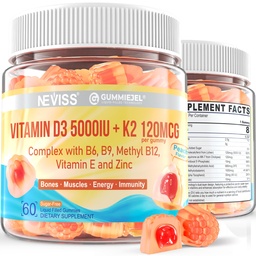 Vitamin D3 5000IU + K2 (MK-7) 120mcg, Sugar-Free Vitamin D3 K2 Fylld Gummies med vitamin B Complex - Methyl B12, B9, B6 | Vitamin E & Zink, MCT Oil - Stöd Bone & Teeth Strength, Immune, 2PACK