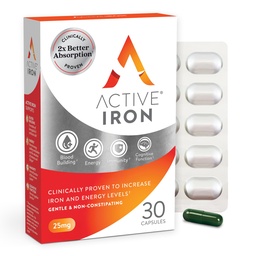 Active Iron Supplement 25mg - Kliniskt bevisad för att öka järn- och energinivåer - Gentle, icke-konstiperande, högt absorberad - 30 kapslar