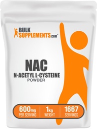 BulkSupplements.com NAC Powder - N-Acetyl Cysteine 600mg, NAC Supplement - Antioxidant Support, Gluten Free - 600mg per portion, 1667 portioner, 1kg (2,2 lbs) (Pack av 1)