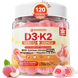 Vitamin D3 K2 Fylld Gummies 5000IU / 10 000 IE med 500mg Calcium + K2 (MK-7) 200mcg, Magnesium, Vitamin C & Zink, Extra Styrka - Ultimate Absorbency för Bones Muscles Teeth, Vegan - Pack på 2