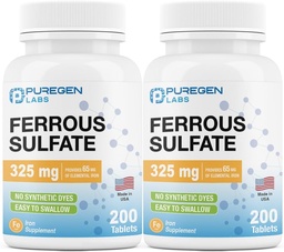 Puregen Labs Ferrous Sulfate 325 mg (65 mg Elemental Iron) High Potency Iron Supplement | Inga artificiella färgtillsatser - Totalt 400 tabletter tillverkade i USA