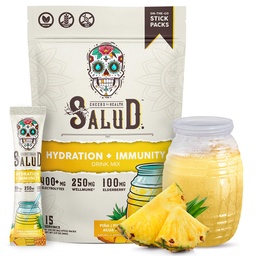 Salud 2-i-1 Hydration Packets + Immunity Electrolytes Powder, Pineapple - Agua Fresca Drink Mix, Elderberry, Dairy & Soy Free, Non-GMO, Gluten Free, Vegan, Low Calorie, 1g Sugar (15 portioner)