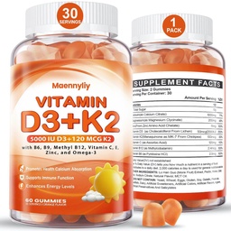 Vitamin D3 K2 Gummies for Adults - Vitamin D3 5000IU + K2 (MK-7) 120mcg - Sugar-Free D3 och K2 Supplements with Omega-3, Methyl B12, B9, B6, Vitamins E & Zink - för Calcium Absorption & Immunhälsa