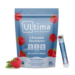 Ultima Replenisher Daily Electrolyte Powder – Blue Raspberry, 20 Stickpacks – Zero Sugar Hydration Packets with 6 Electrolytes and Minerals – Sugar Free, Plant Based & Keto Friendly Drink Mix | Daily Electrolyte
