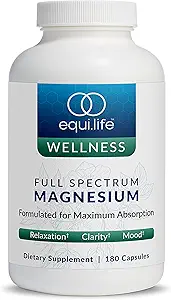Equilife Full Spectrum Magnesium Supplement, Magnesium Glycinate, Citrate och Malate, Bioavailable Mineral Blend, Dairy, Soy, & Gluten Free, Vegan, Non GMO, 180 Capsules
