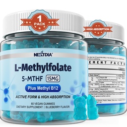 L-MethylFolate 15mg & Methyl B12 Gummies, Methylated B1, B2, B6 Multivitaminer - Aktiv 5-MTHF & High Absorption - Stöder MTHFR Gene, Cognition, Homocysteine Levels, Folate Metabolism, Vegan, 60 Cts