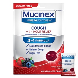 Mucinex Instasoothe Sugar Free Cough Drops, hostmedicin för vuxna med Dextromethorphan HBr, Non Menthol Cough Drops, Cough Suppressant Lozenges, Mixed Berry Medicated Cough Drops, 40ct