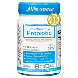 Life-Space Premium Broad Spectrum Probiotics, 2 Month Serving, 32 miljarder CFU & 15 Diverse Strains, formulerad för daglig Digestive Health & Immune Health, Probiotika för kvinnor och män, 60 Veg Capsules