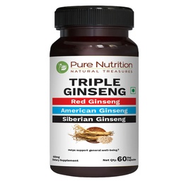 Pure Nutrition Triple Ginseng - en unik och effektiv kombination av Red Ginseng, American Ginseng och Siberian Ginseng. 790 mg per kapsel | 60 Veg Caps Pack