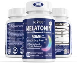 Melatonin 50 mg för vuxna - Extra styrka 9-i-1 Snabbupplös sublingual - w / vitamin D3 & MSM, Slappna Herbal Blend-Ashwagandha, Lemon Balm, Passionflower,Chamomile,Sugar Free, Vegan 180 Servings