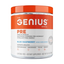 Genius Brand Genius Pre - Clean Pre-Workout Powder för energi, fokus & Fitness Support - Inga konstgjorda smaker, konserveringsmedel eller proprietära blandningar - Icke-GMO - 20 portioner - Blå Raspberry