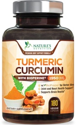 Gurkmeja Curcumin Supplement 1950mg - 95% Curcuminoids med organisk gurkmeja & BioPerine Black Pepper Extract för bästa absorption, Naturens Vegan Joint Support, Non-GMO, Bottled i USA - 180 kapslar
