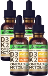 (4 Pack) Organisk vitamin D3 K2 droppar med MCT Oil Omega 3, 5000 IE, Maximum Strength Vitamin D Liquid - No Fillers, Non-GMO Liquid D3 för snabbare Absorption & Immune Support (Vanilla, 4 Fl Oz)