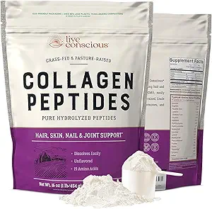 Live Conscious Collagen Peptides Powder Unflavored Packets-Hydrolyzed Collagen Powder-Hair, Skin, Nail och Joint Support-Type I & III Grass-Fed Collagen Supplements for Women and Men - Pack of 20 (2Pk)