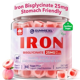 Vegan Iron Supplement för kvinnor 25mg, Sugar Free Iron Gummies med Vitamin C, Methy B12, Folate for Energy Boost, Iron Deficiency, No After Taste, Peach Flavor - 60 Count (Pack of 2)