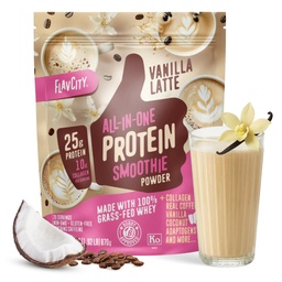 FlavCity Grass Fed Whey Protein Powder - Vanilla Latte - 25g Protein, 10g Collagen & 60mg koffein - Made with Real Vanilla Bean & Organic Coconut - Gluten Free & No Added Sugars (20 portioner)