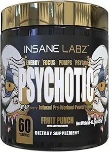 Insane Labz Psychotic Gold, High Stimulant Pre Workout Powder, Extreme varaktig energi, pumpar och uthållighet med Beta Alanine, DMAE Bitartrate, NO Booster (60 portioner, Fruit Punch)