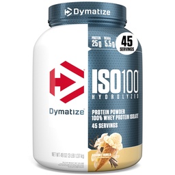 Dymatize ISO100 Whey Protein Powder Isolate, Vanilla, 25g Protein, 3 pund, 5,5 g BCAA, mindre än 120 Cal., Gluten Free, 1g Fat, 1g Sugar, 2g Carb (45 portioner)