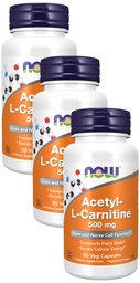 NOW Supplements, Acetyl-L Carnitine 500 mg, Amino Acid, Brain och Nerve Cell Function*, 50 Veg Capsules (Pack of 3)